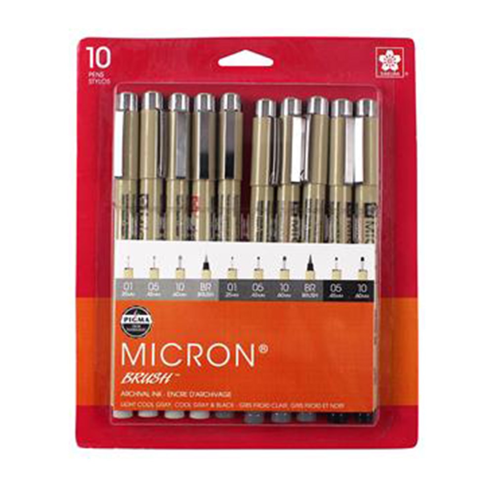 Sakura, Pen & Pencil Sets, Art & School, Pigma, Micron, Grey & Black, 10 Pen, 0.25, 0.45, 0.60, Brush, 584328
